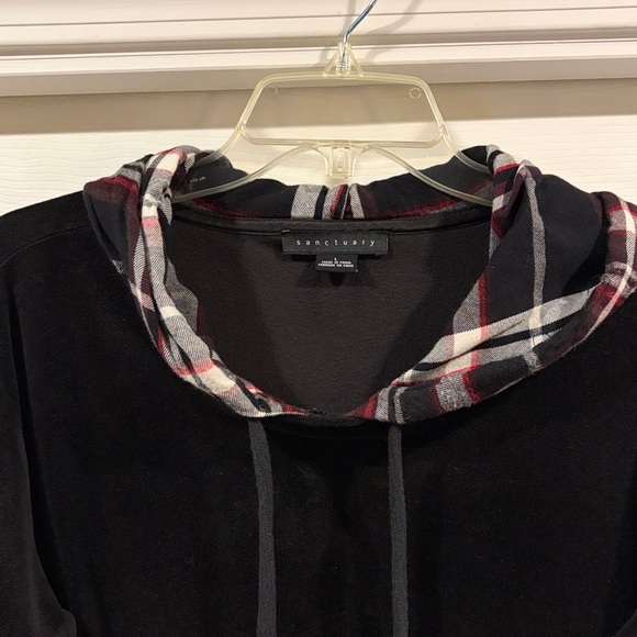 Sanctuary Black Hoodie with Plaid Accents soft velvet feel size L like new - Picture 3 of 6